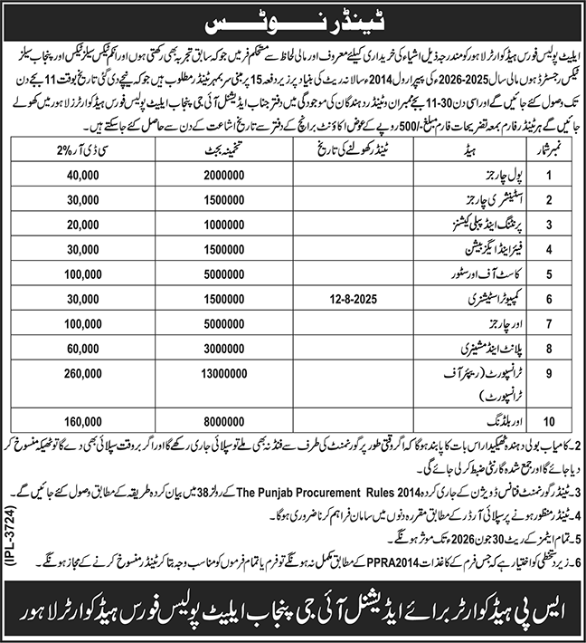 Elite Force Lahore Tender Notice